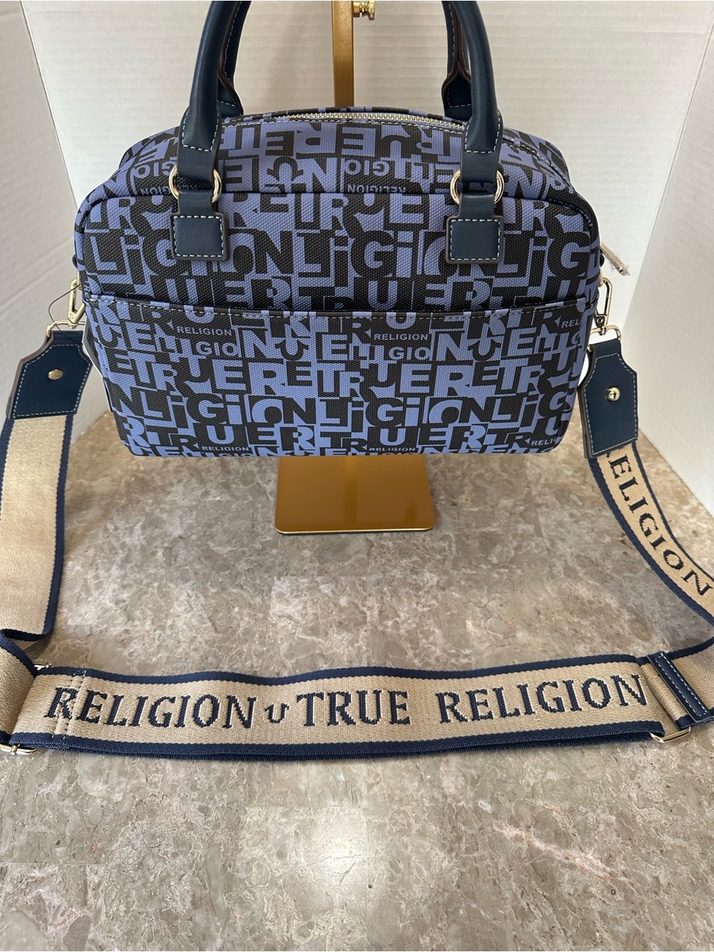True Religion Multi Patch Satchel Bag Navy Denim Crossbody Monogram Y2K NWT - Picture 2 of 14